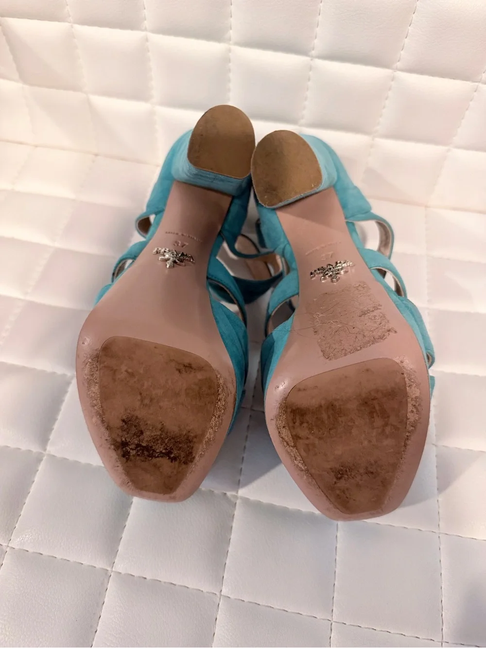 Prada Turquoise Suede Strappy Platform Heels